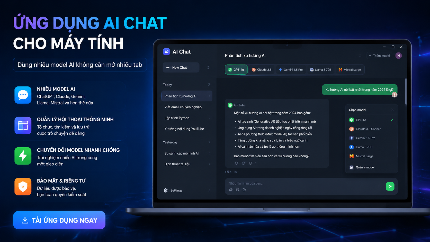 Ứng dụng AI Chat cho máy tính: Dùng nhiều model không cần mở nhiều tab - ứng dụng AI chat, chatbot AI app, app AI cho máy tính