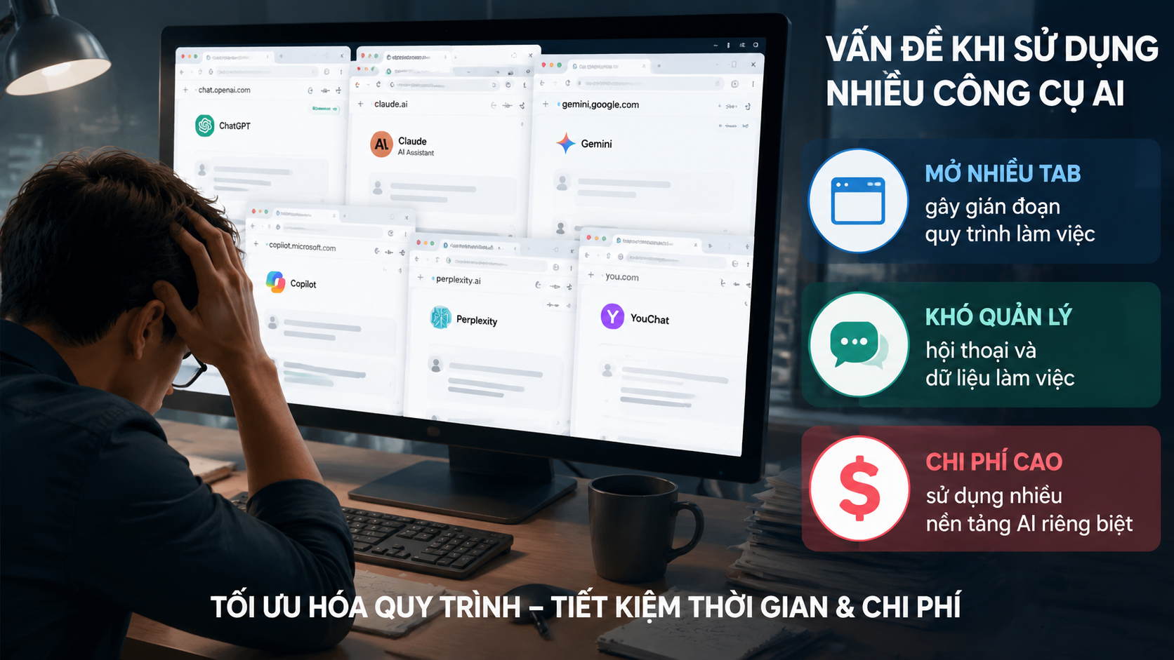 Vấn đề khi sử dụng nhiều công cụ AI trên máy tính - ứng dụng AI chat, chatbot AI app, app AI cho máy tính