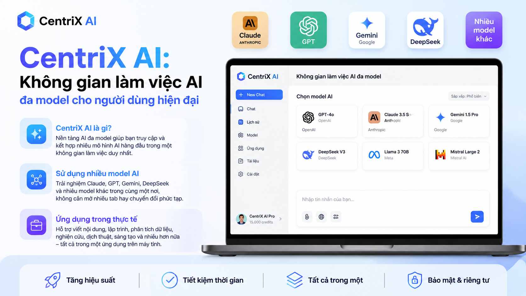 CentriX AI: Không gian làm việc AI đa model cho người dùng hiện đại - ứng dụng AI chat, chatbot AI app, app AI cho máy tính