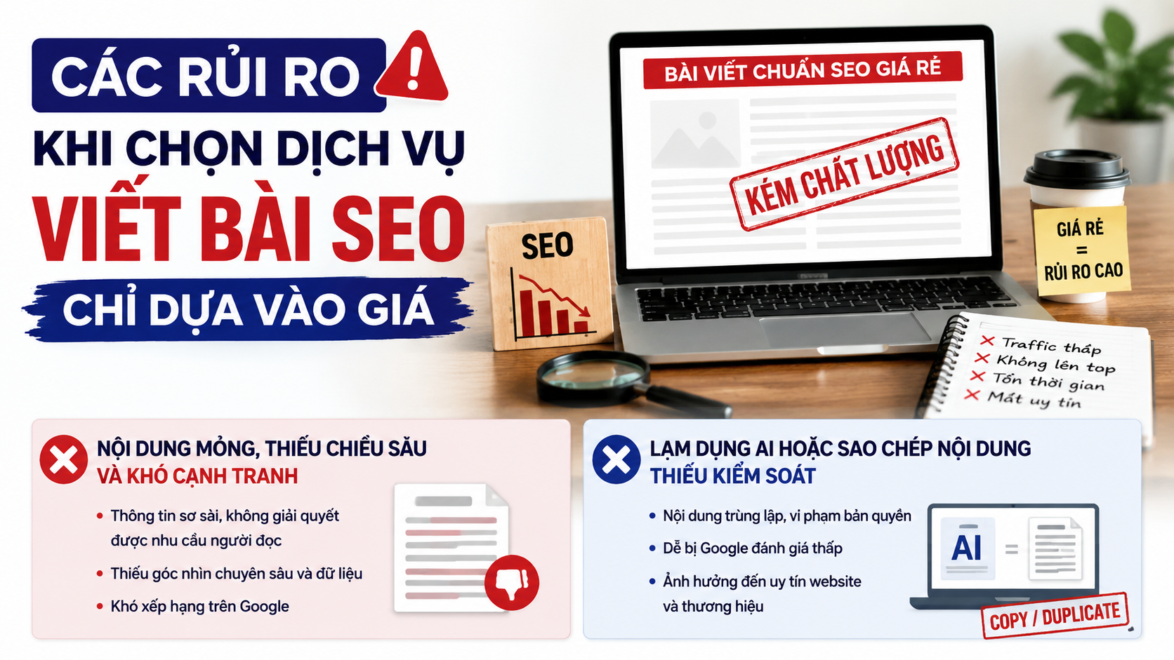 Các rủi ro khi lựa chọn dịch vụ viết bài SEO chỉ dựa vào giá - báo giá viết bài SEO