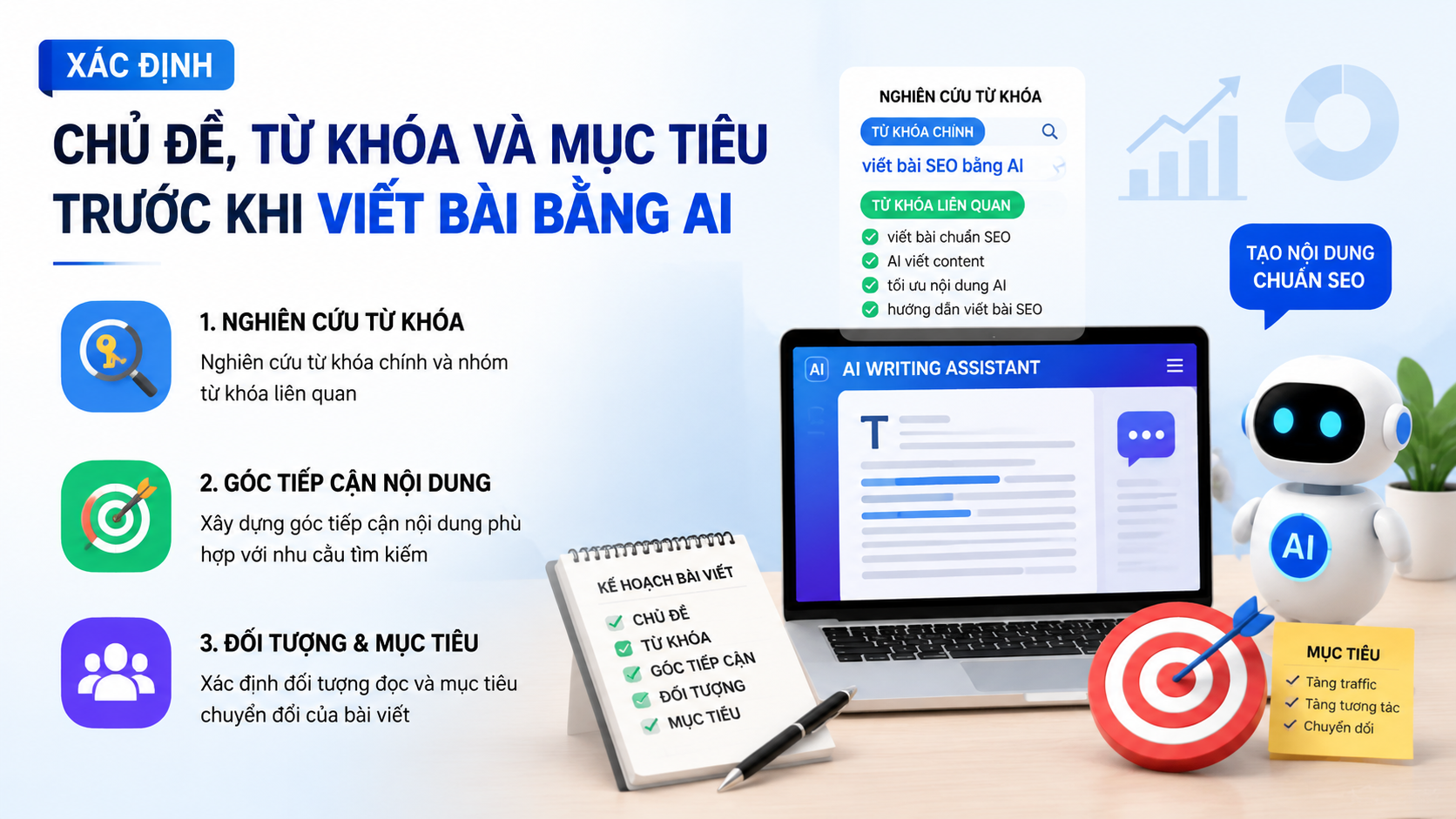 Xác định chủ đề, từ khóa và mục tiêu trước khi viết bài bằng AI - viết bài SEO bằng AI