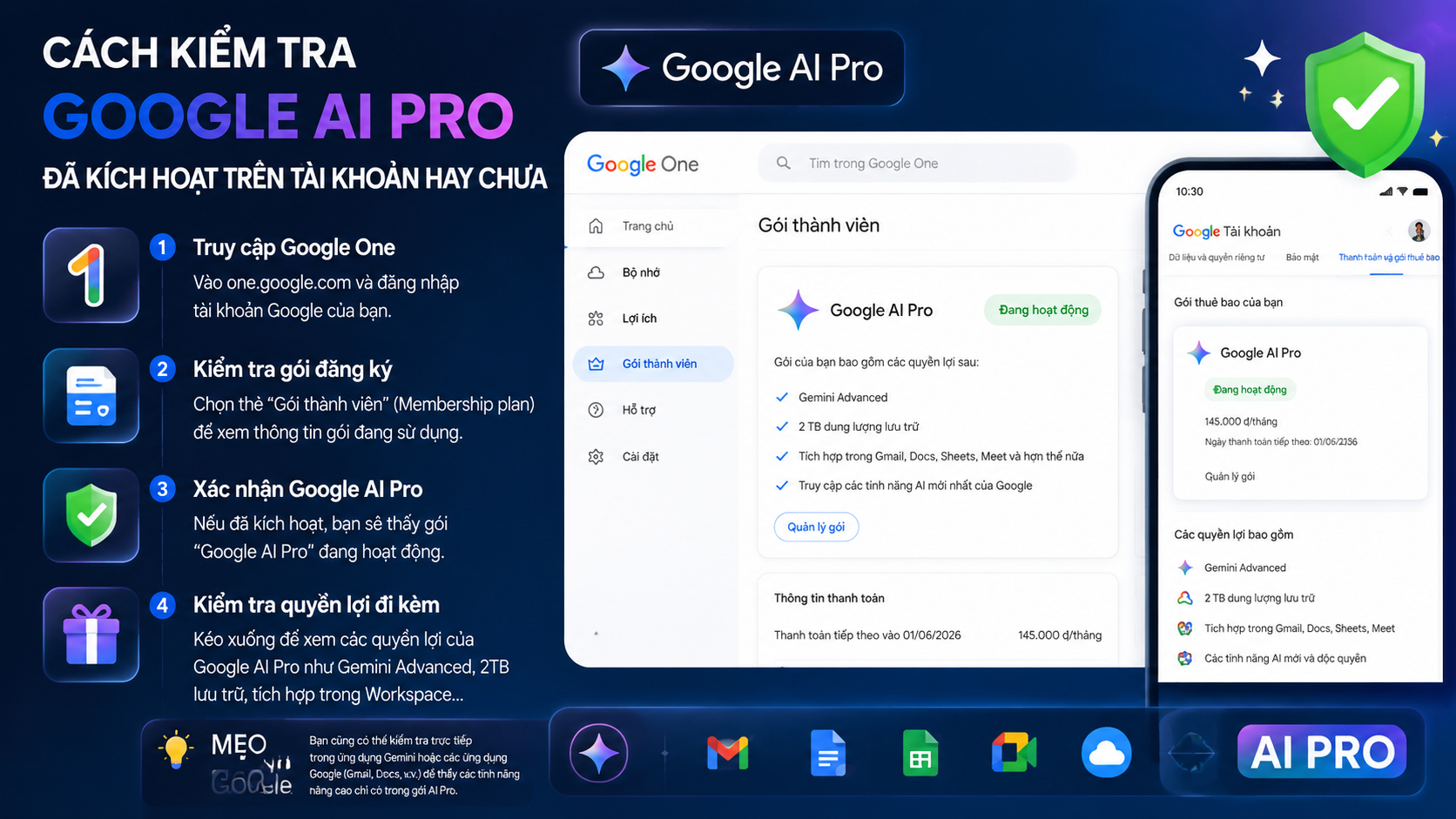 Cách kiểm tra Google AI Pro đã kích hoạt trên tài khoản hay chưa - kiểm tra google ai pro đã kích hoạt