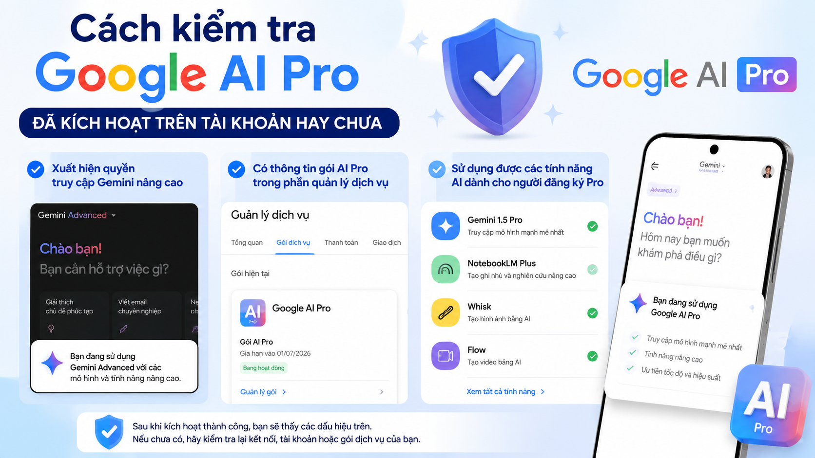 Dấu hiệu nhận biết tài khoản đã kích hoạt Google AI Pro thành công - kiểm tra google ai pro đã kích hoạt