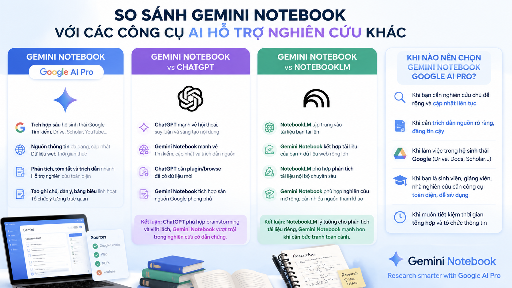 So sánh Gemini Notebook với các công cụ AI hỗ trợ nghiên cứu khác - gemini notebook google ai pro