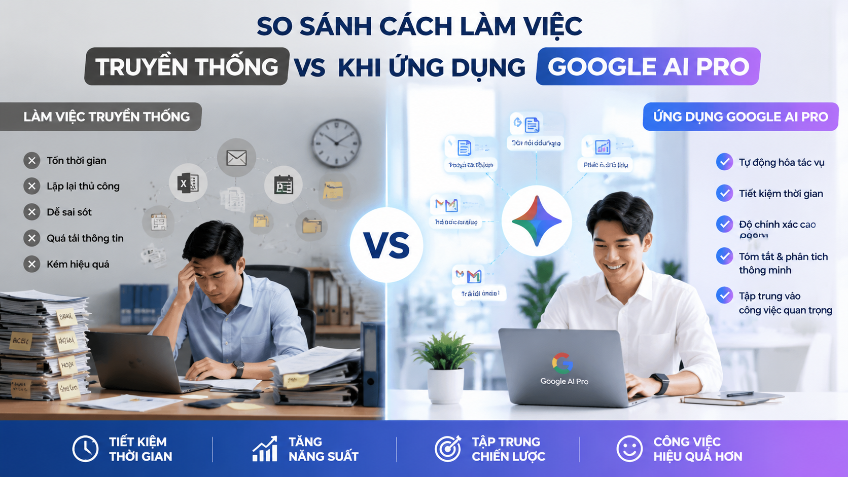 So sánh cách làm việc truyền thống và khi ứng dụng Google AI Pro - google ai pro cho dân văn phòng