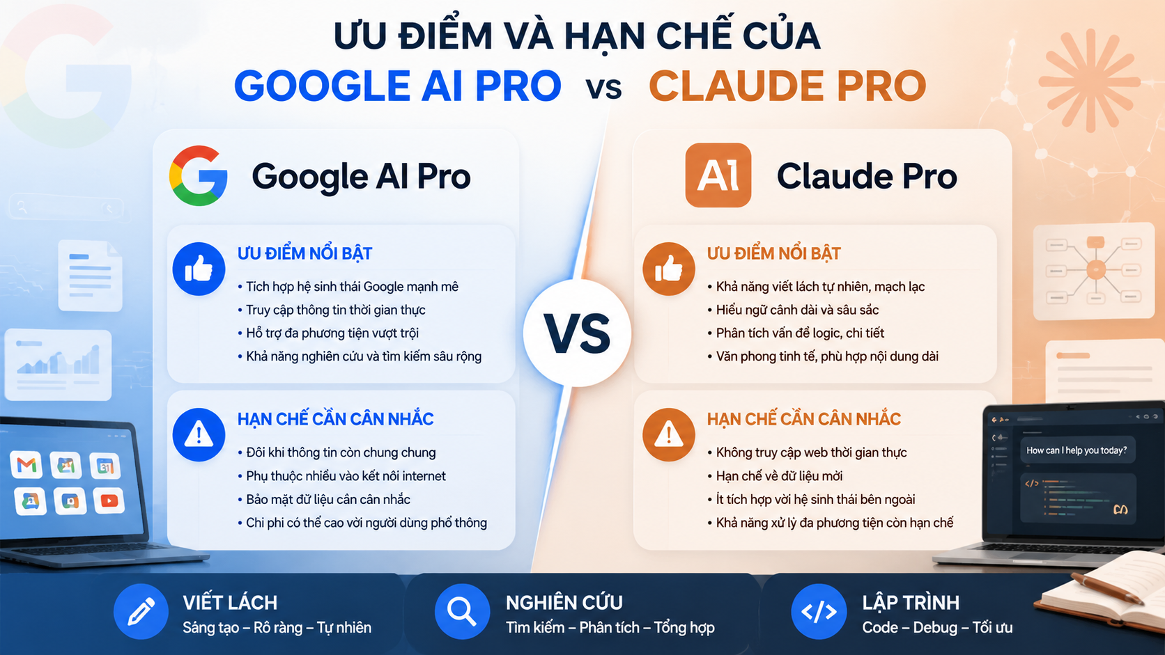 Ưu điểm và hạn chế của Google AI Pro và Claude Pro - google ai pro vs claude pro