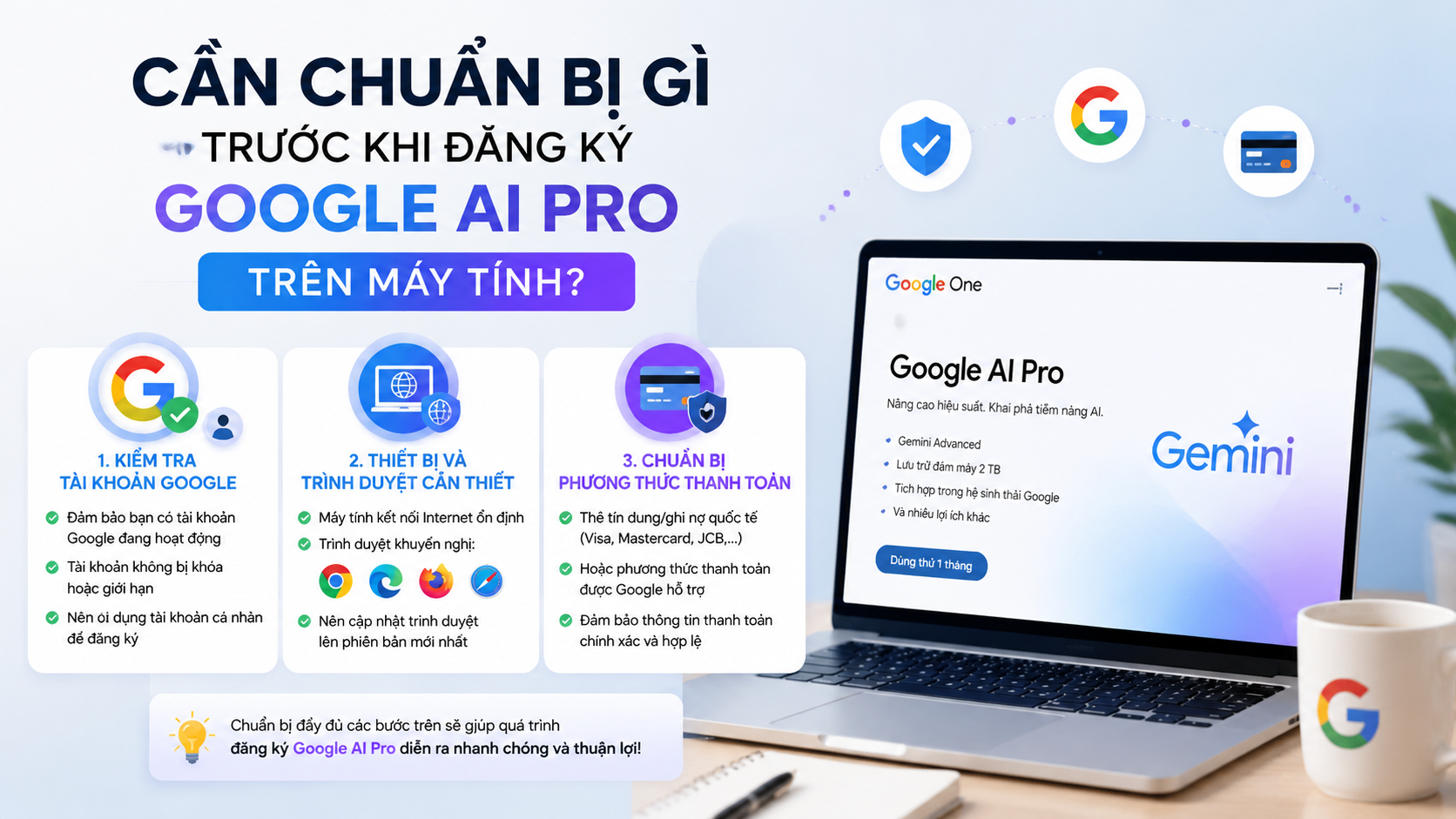 Cần chuẩn bị gì trước khi đăng ký Google AI Pro trên máy tính? Cần chuẩn bị gì trước khi đăng ký Google AI Pro trên máy tính? - cách đăng ký google ai pro trên máy tính