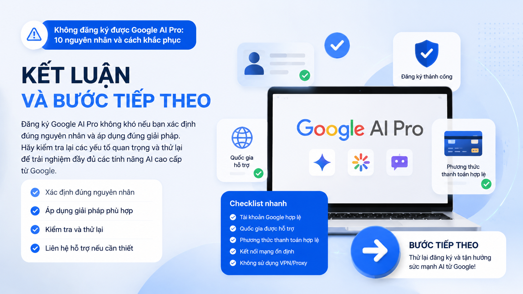 Kết luận và bước tiếp theo - không đăng ký được google ai pro