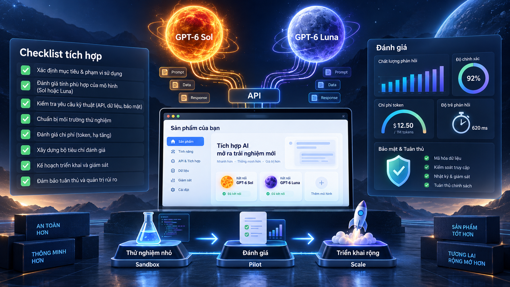 Checklist trước khi tích hợp GPT‑6 Sol hoặc Luna vào sản phẩm Checklist trước khi tích hợp GPT‑6 Sol hoặc Luna vào sản phẩm - giá API GPT‑6 Sol