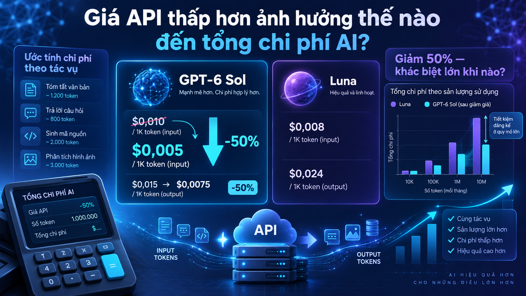 Giá API thấp hơn ảnh hưởng thế nào đến tổng chi phí sử dụng AI? - so sánh GPT‑6 Sol và Luna