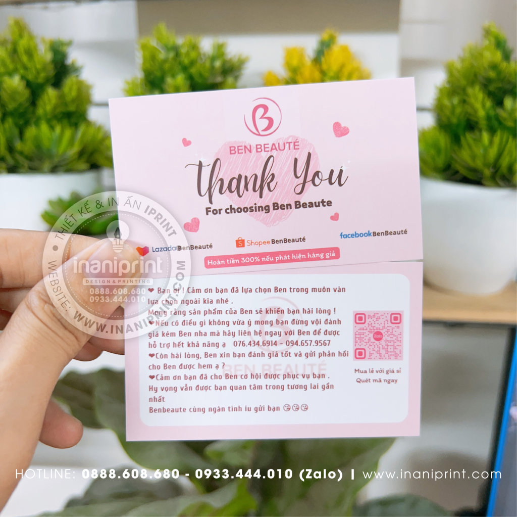 Mẫu Card cám ơn Benbeauty, Thiệp cám ơn Benbeauty, Danh Thiếp cám ơn Benbeauty đẹp giá rẻ