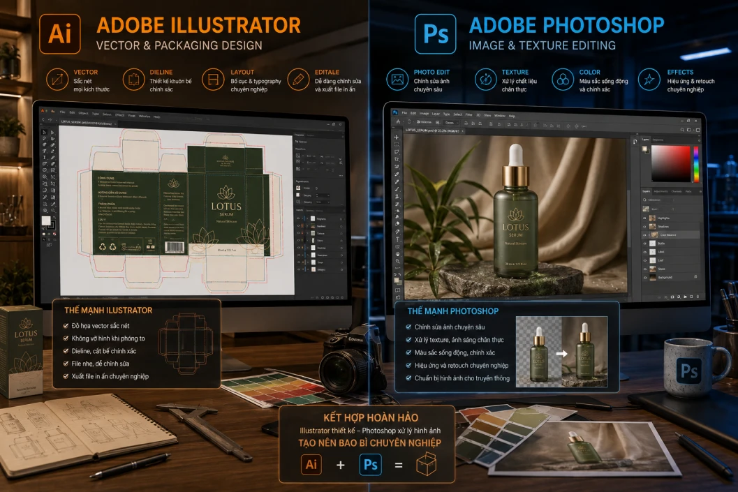 so sánh thiết kế bao bì trên illustrator và photoshop