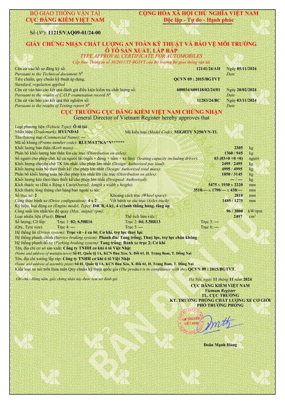 GCN ATKT & BVMT Hyundai Mighty N250 Thùng lửng