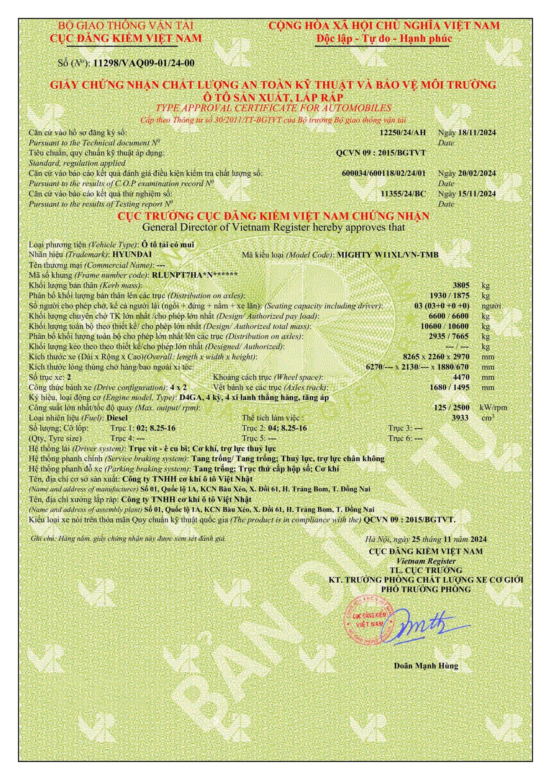GCN ATKT & BVMT Hyundai Mighty W11XL Thùng mui bạt