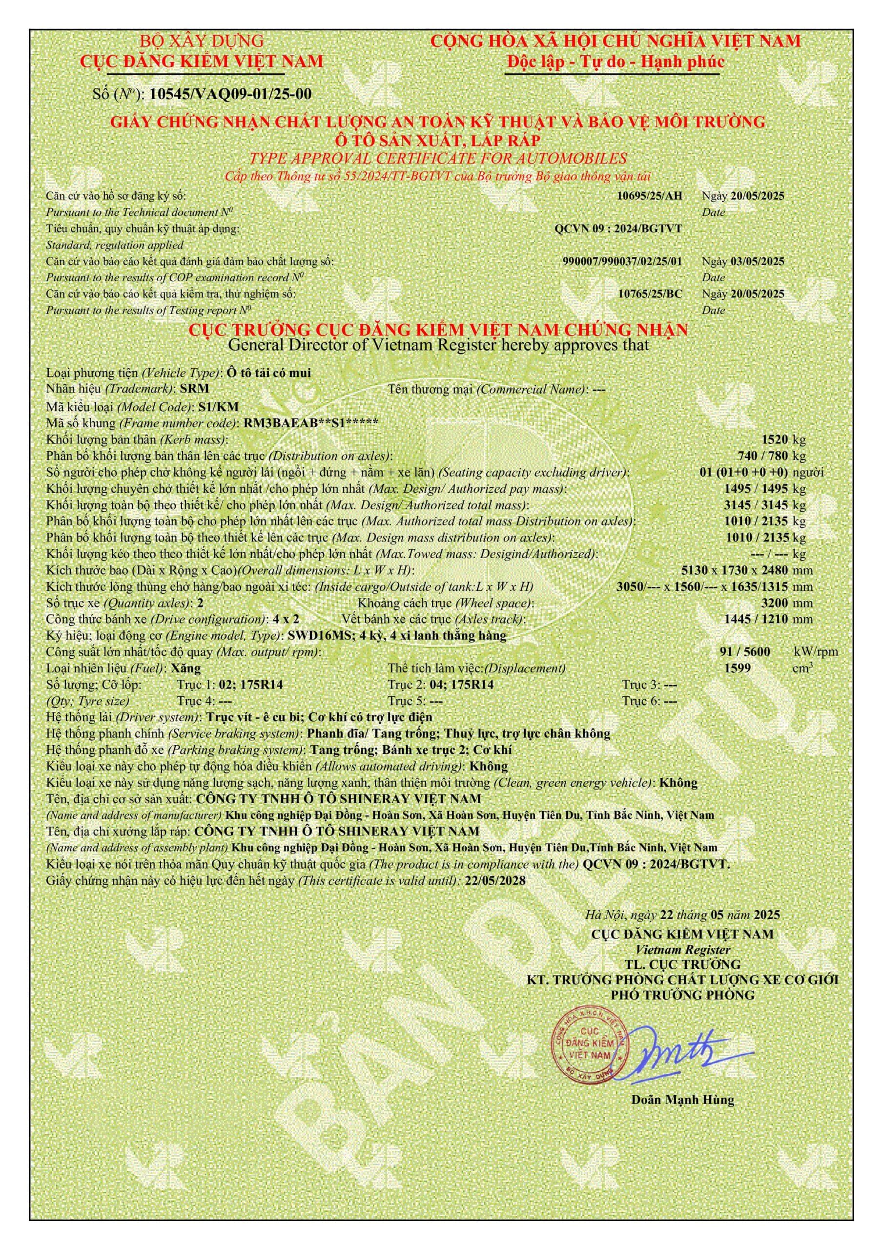 GCN ATKT & BVMT SRM S1 THÙNG MUI BẠT