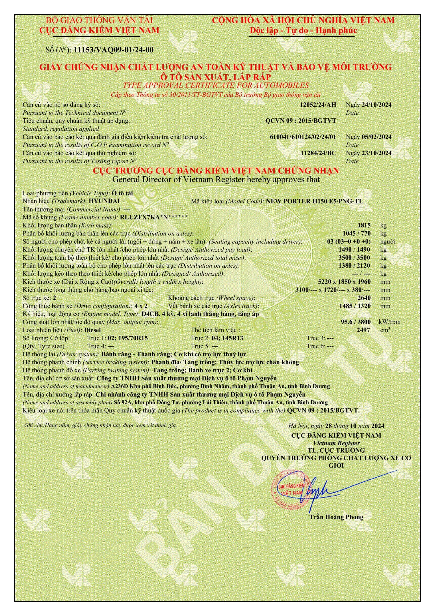 GCN AN TOÀN KỸ THUẬT & BẢO VỆ MÔI TRƯỜNG H150 E5 THÙNG LỬNG