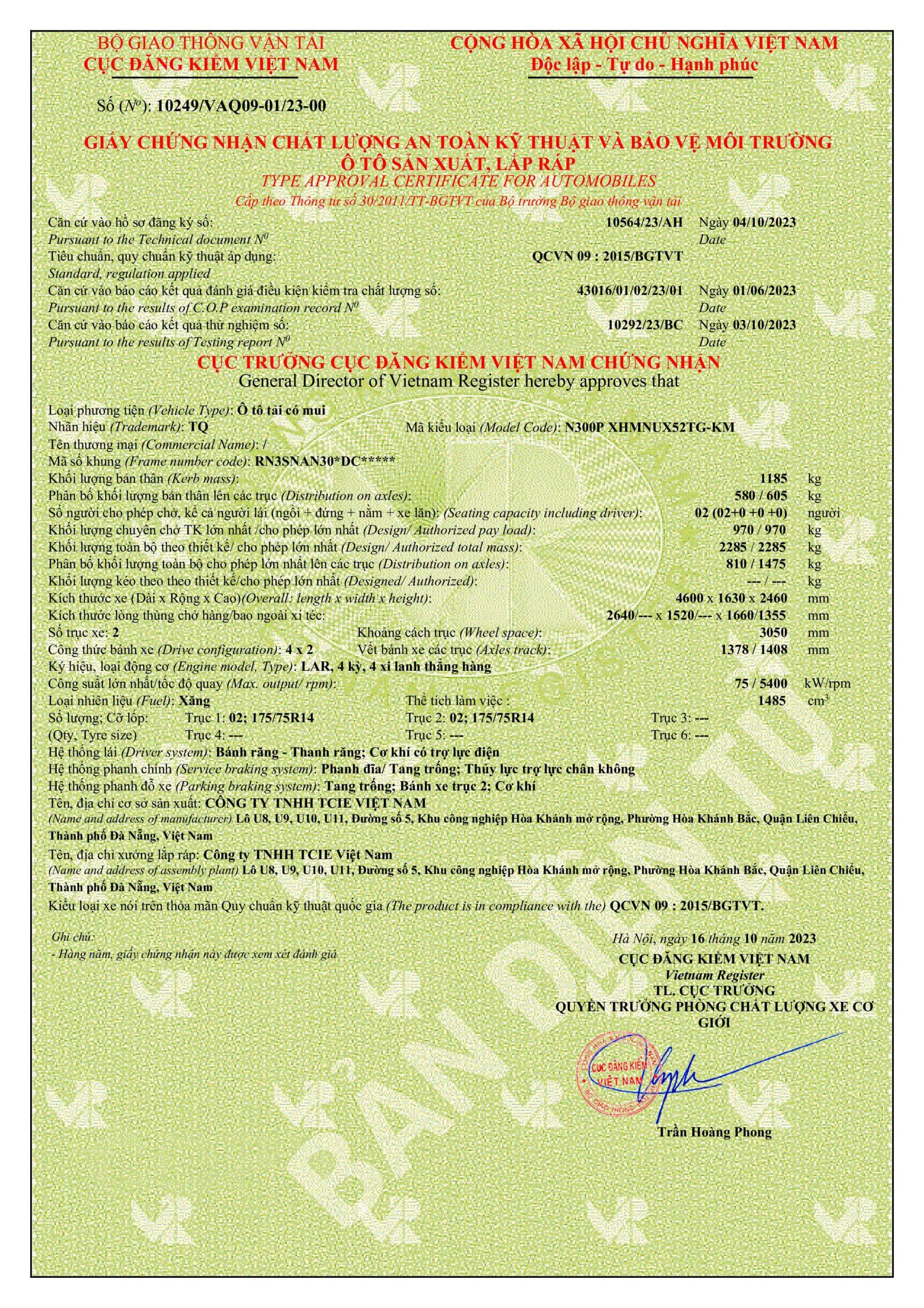 GCN Chất lượng an toàn kỹ thuật & bảo vệ môi trường | Thùng mui bạt tiêu chuẩn