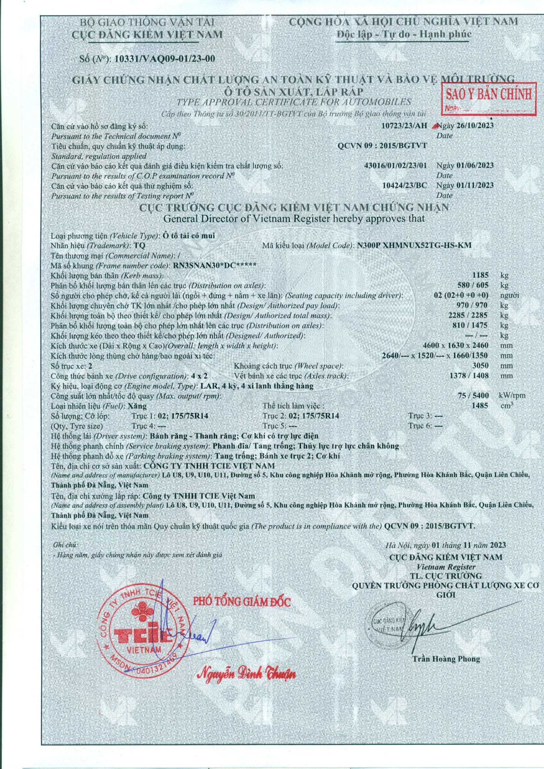 GCN Chất lượng an toàn kỹ thuật & bảo vệ môi trường | Thùng mui bạt cao cấp