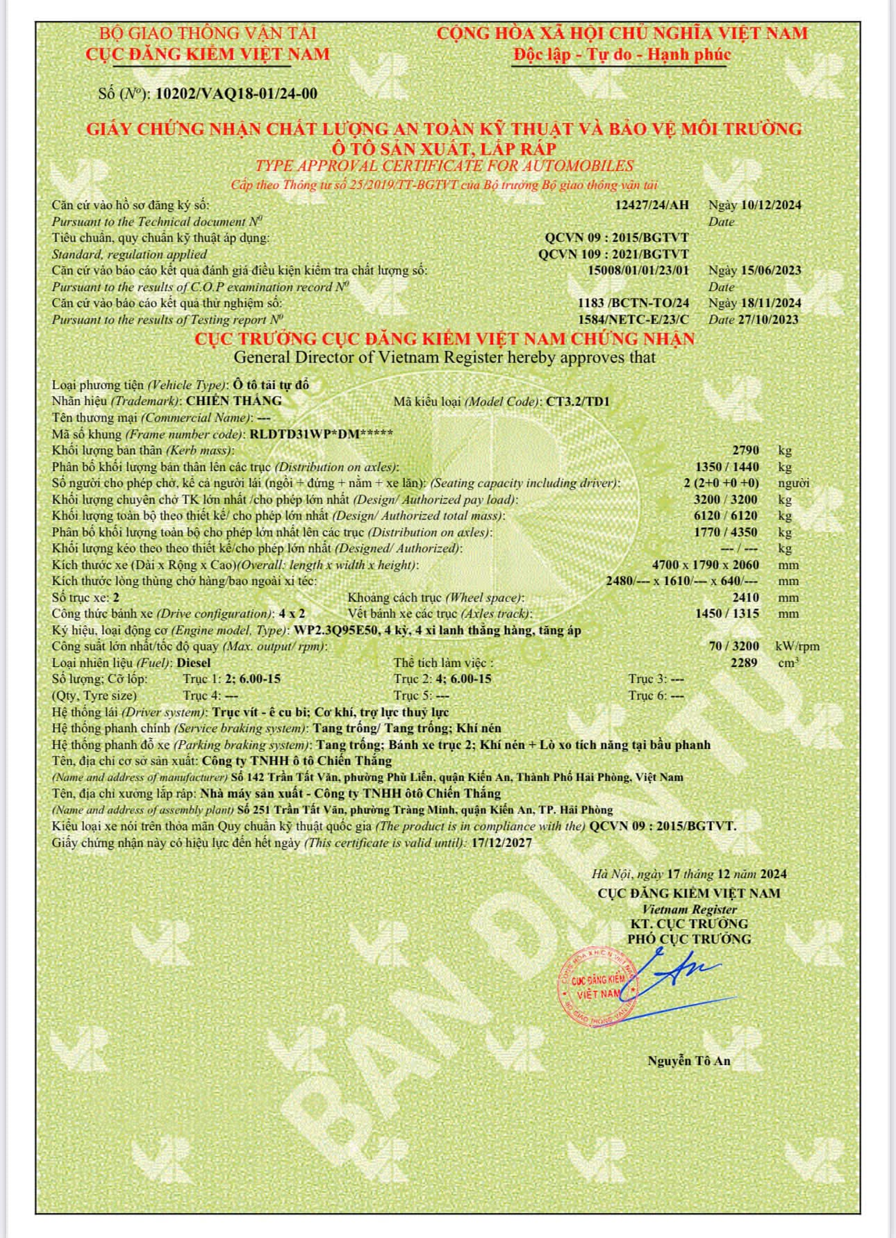 GCN ATKT & BVMT XE TẢI BEN CHIENTHANG CT3.2/TD1