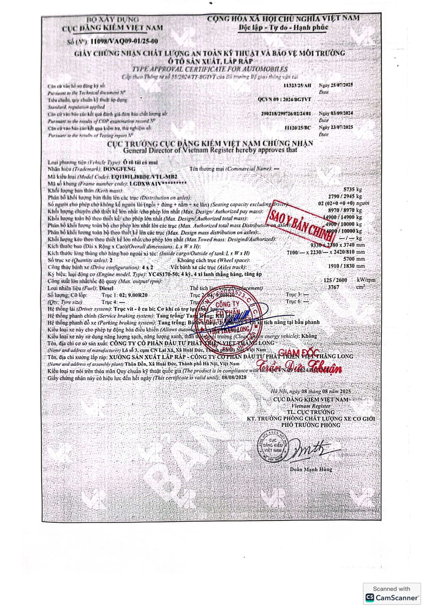 GCN ATKT & BVMT DONGFENG CAPTAIN-C THÙNG MUI BẠT 8.97 TẤN