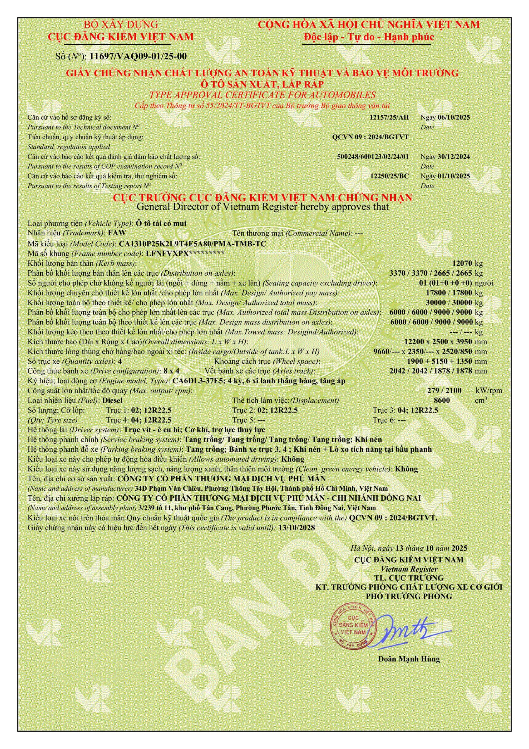 GCN ATKT&BVMT FAW JH6 8X4 THÙNG MUI BẠT