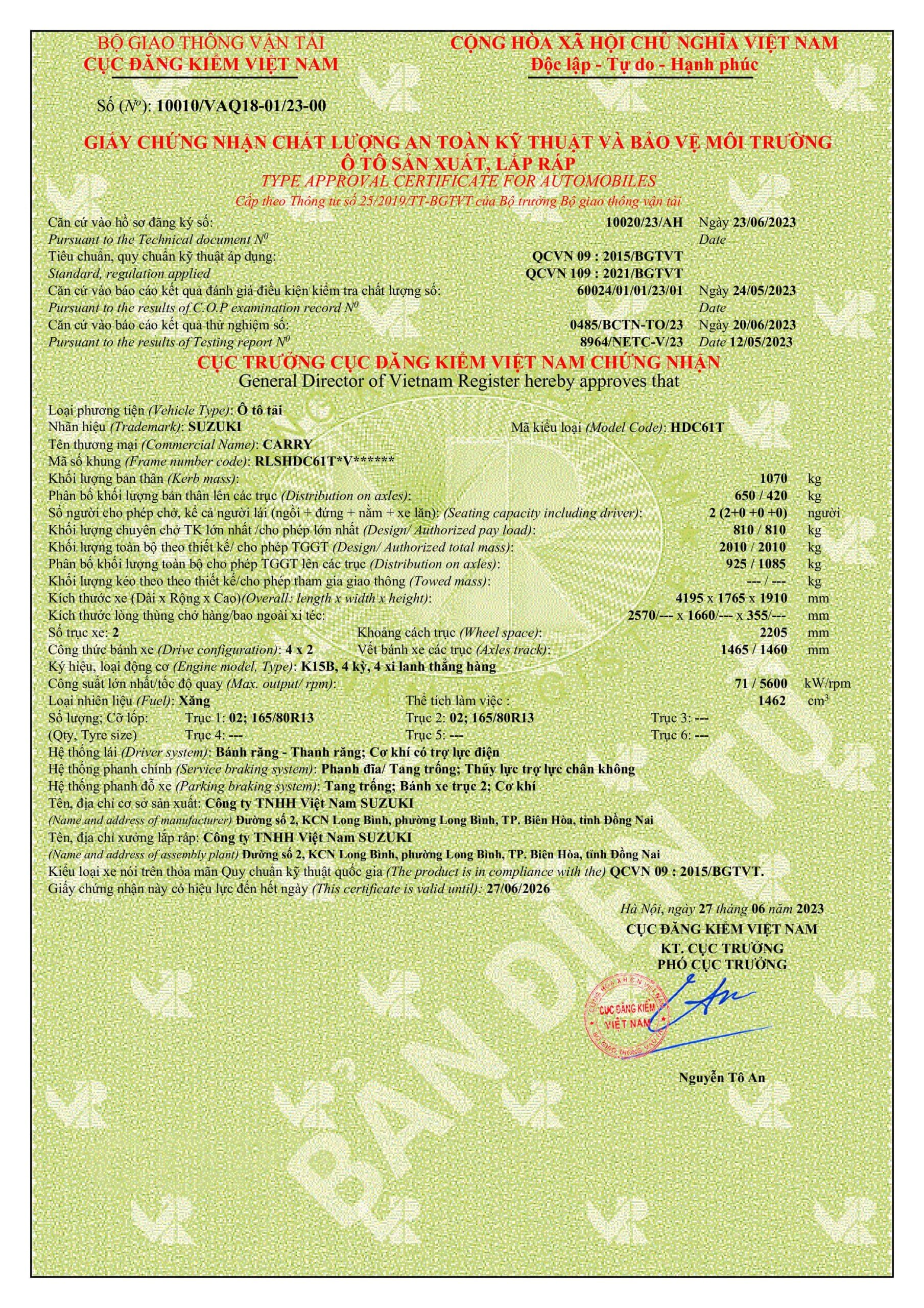 GCN ATKT & BVMT SUZUKI CARRY PRO THÙNG LỬNG