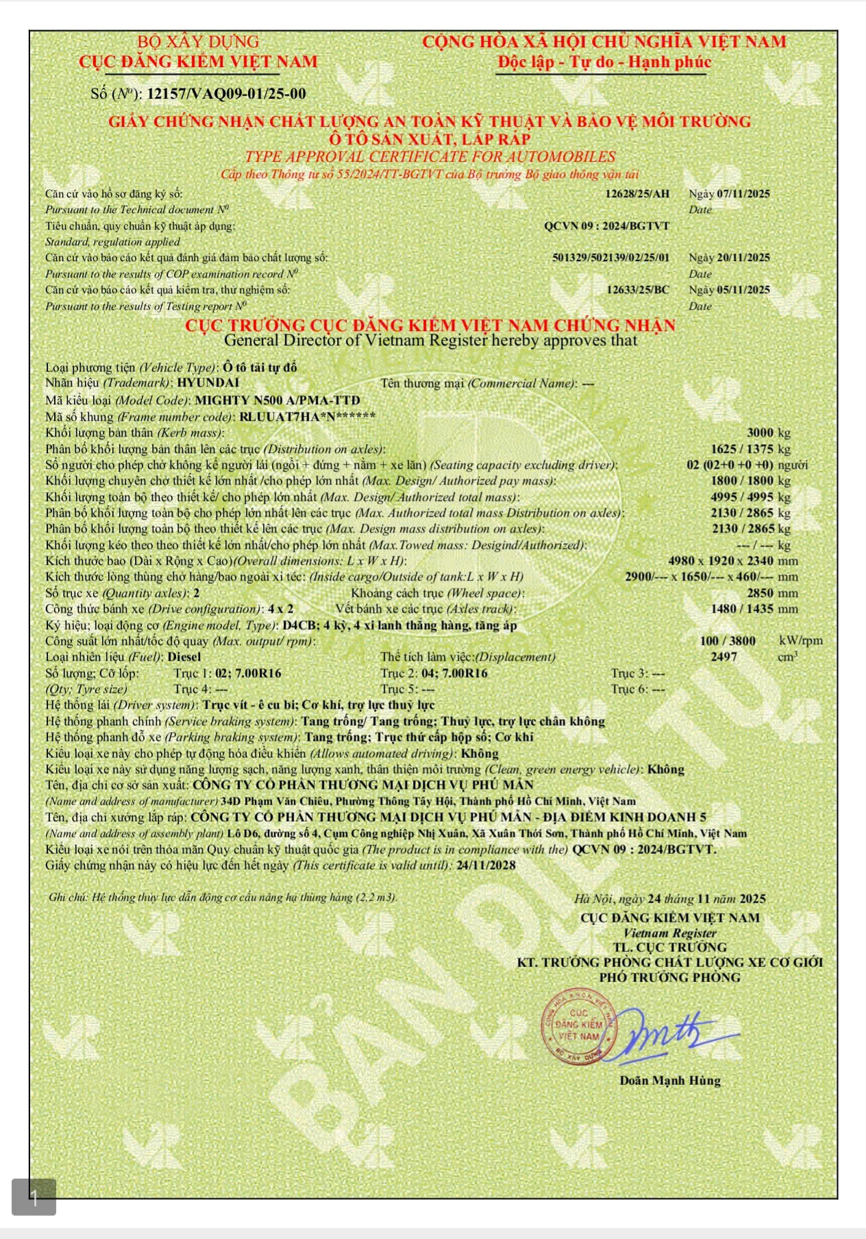 GCN ATKT & BVMT HYUNDAI N500 THÙNG BEN